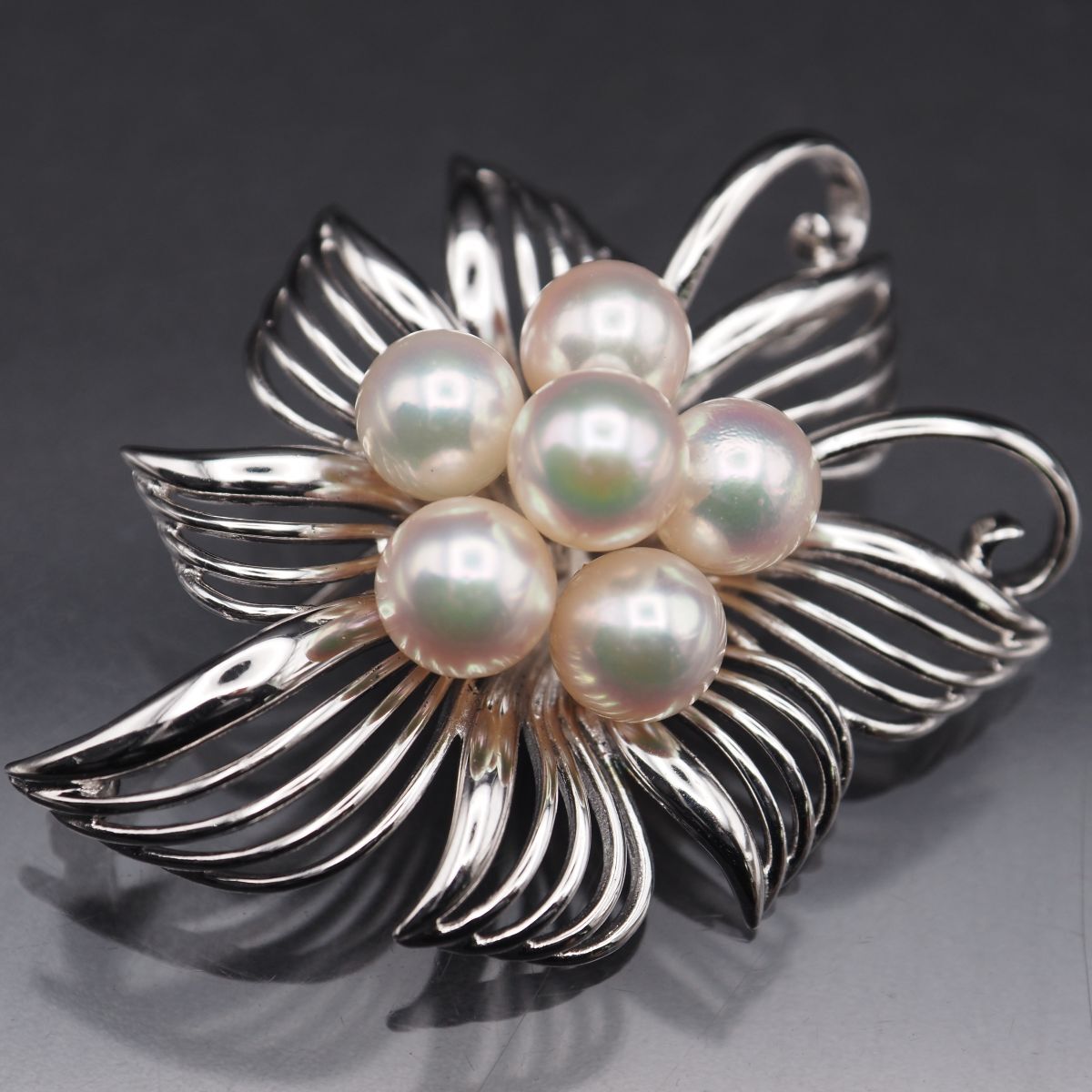 G190 本真珠 6.7mm6珠 パール SILVER刻印 ブローチ フラワー デザイン シルバー コサージュ 6月誕生石拍卖