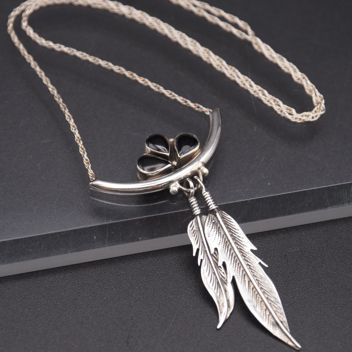 G434 オニキス STERLING925刻印 ペンダント ネックレス 羽 フェザー デザイン シルバー ヴィンテージ拍卖
