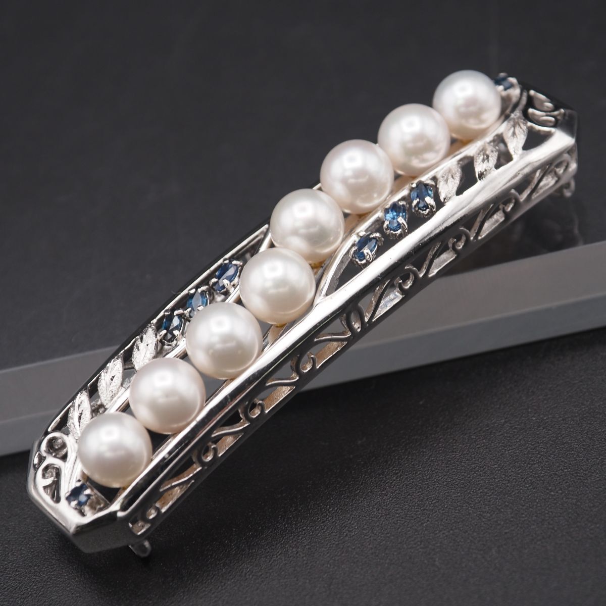 G750 本真珠 6.8-7.2mm珠 パール サファイア? ブルースピネル? 帯留め リーフ デザイン シルバー 和装小物 6月誕生石拍卖