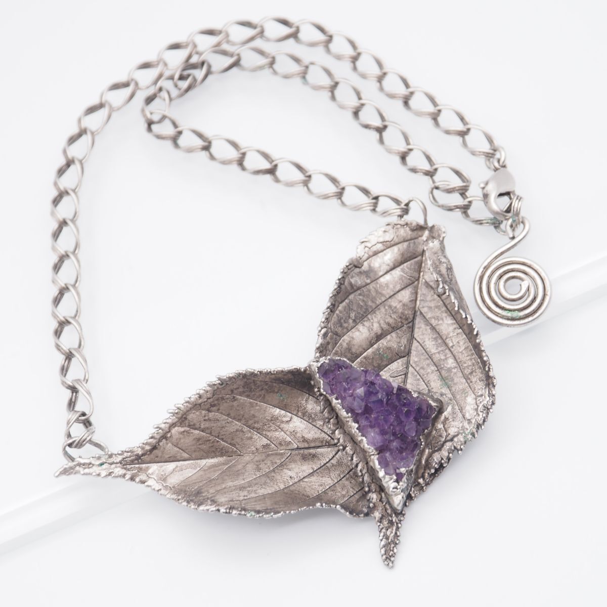 G896 アメジスト ネックレス リーフ デザイン シルバー ヴィンテージ 2月誕生石拍卖