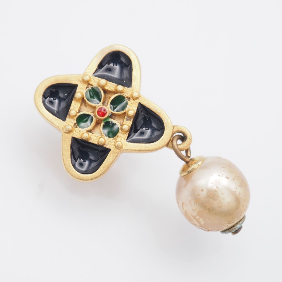 G871 イヤリング 片耳のみ マルチカラー エナメル フェイクパール ゴールド スウィング デザイン コスチュームジュエリー拍卖