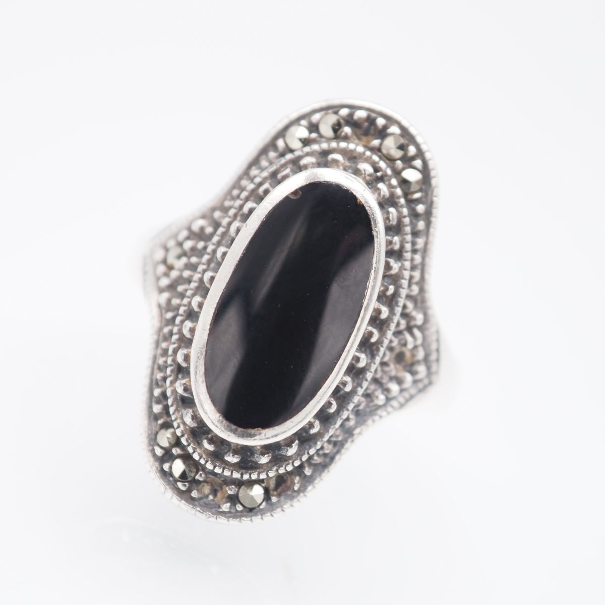 G716 オニキス風 マーカサイト マルカジット 925刻印 リング インレイ デザイン シルバー 指輪 ヴィンテージ 16号拍卖