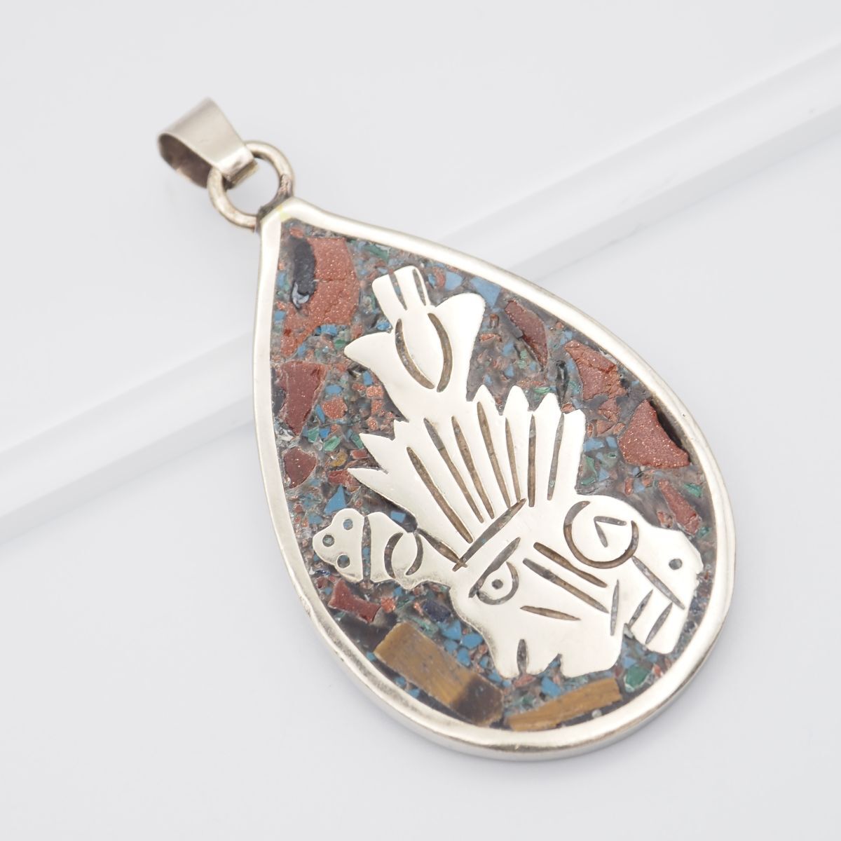 G759 ヴィンテージ STERLING 925刻印 ペンダント トップ 古代マヤ文明 アステカ マヤ暦 インレイ デザイン シルバー チャーム ヘッド拍卖