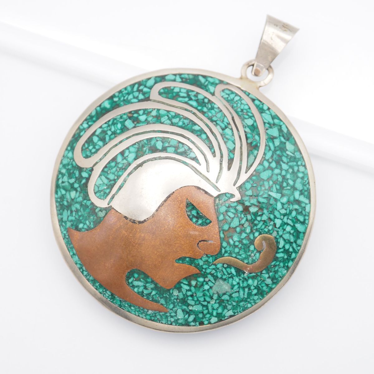 G885 ヴィンテージ MFTALES刻印 ペンダント トップ 大ぶり 民族 インレイ デザイン シルバー チャーム ヘッド拍卖