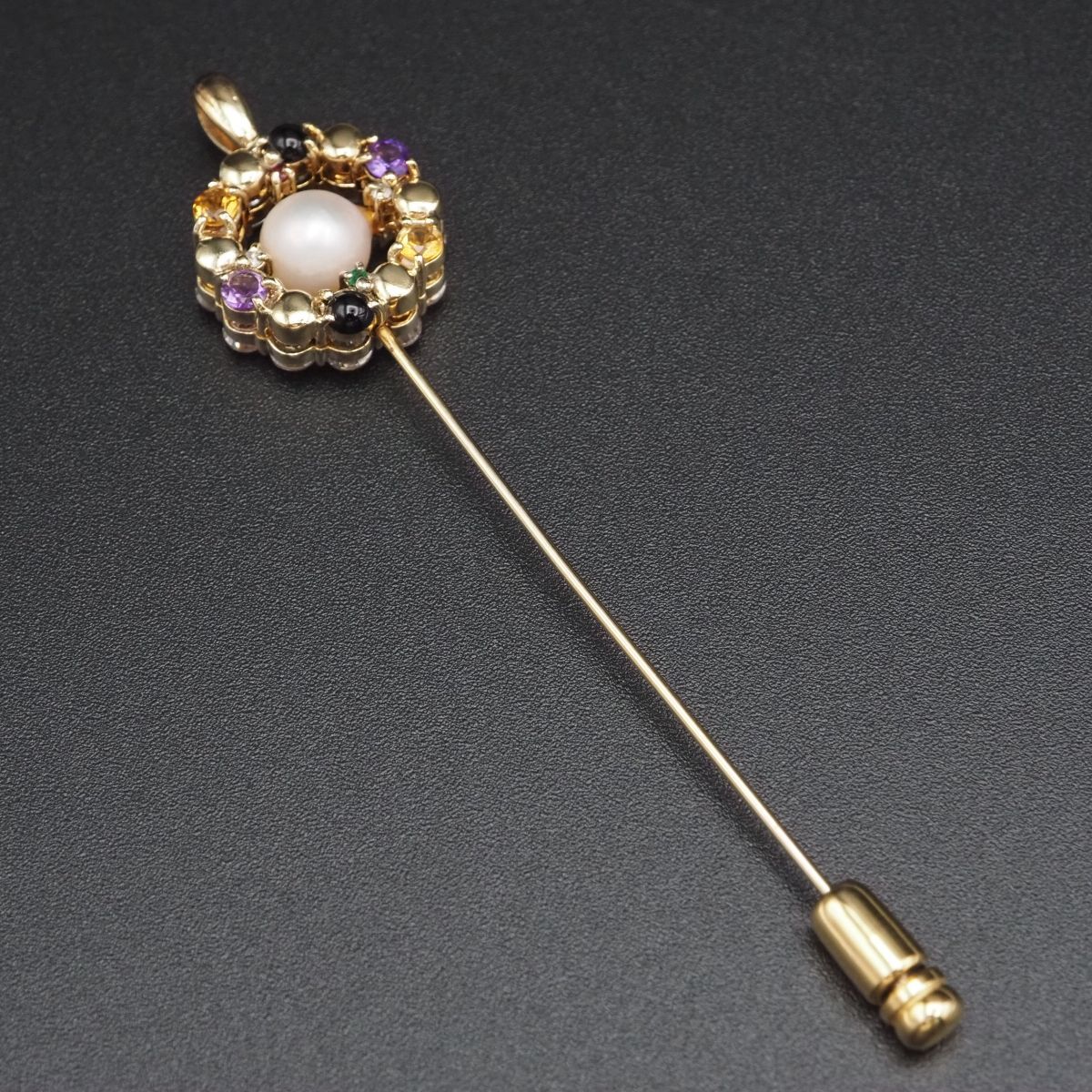 G883 淡水真珠 パール アメジスト オニキス シトリン 2way ペンダント トップ ピンブローチ リバーシブル ダイヤモンド風 ゴールド拍卖