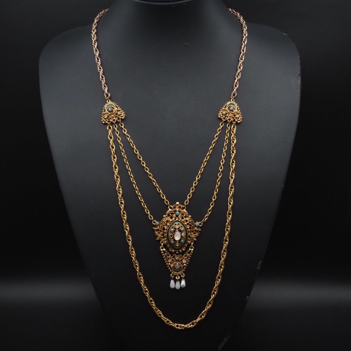 G854 FLORENZA フロレンザ ネックレス カラーストーン風 フェイクパール 3連 ゴールド デザイン コスチュームジュエリー拍卖