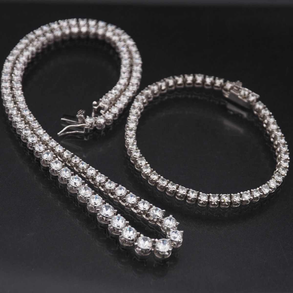 H082 ダイヤモンド風 テニス BF刻印 ネックレス ブレスレット セット シルバー デザイン拍卖