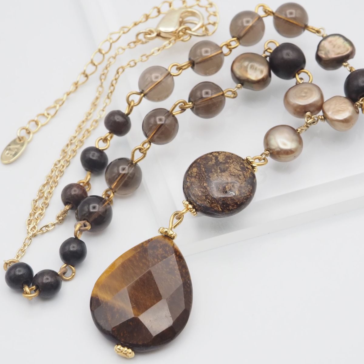 H201 ヴァンドームブティック VB刻印 ネックレス タイガーアイ スモーキークォーツ 淡水真珠 パール ゴールド デザイン VENDOME BOUTIQUE拍卖