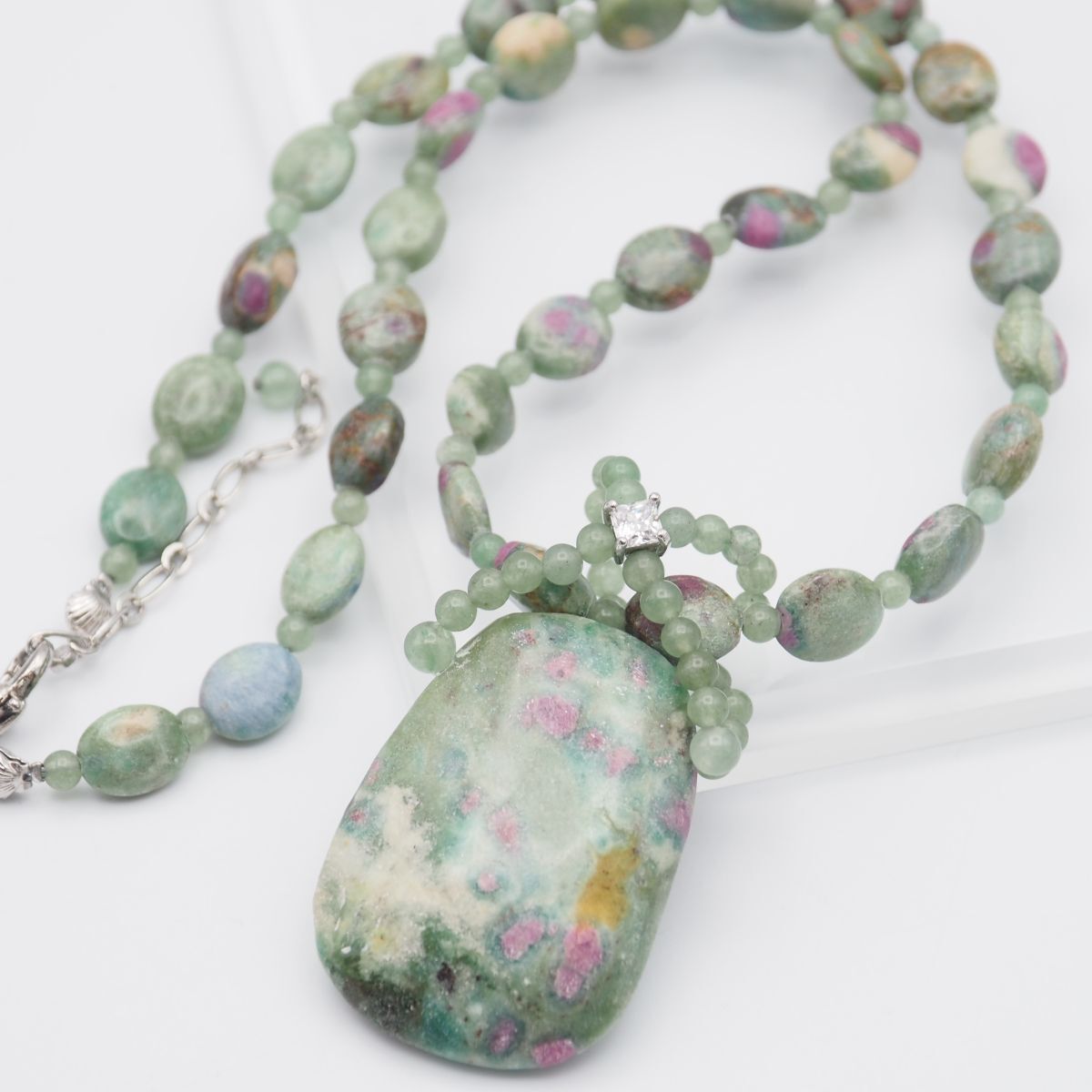 H227 ルビーインゾイサイト ダイヤモンド風 ペンダント ネックレス 大ぶり デザイン シルバー拍卖