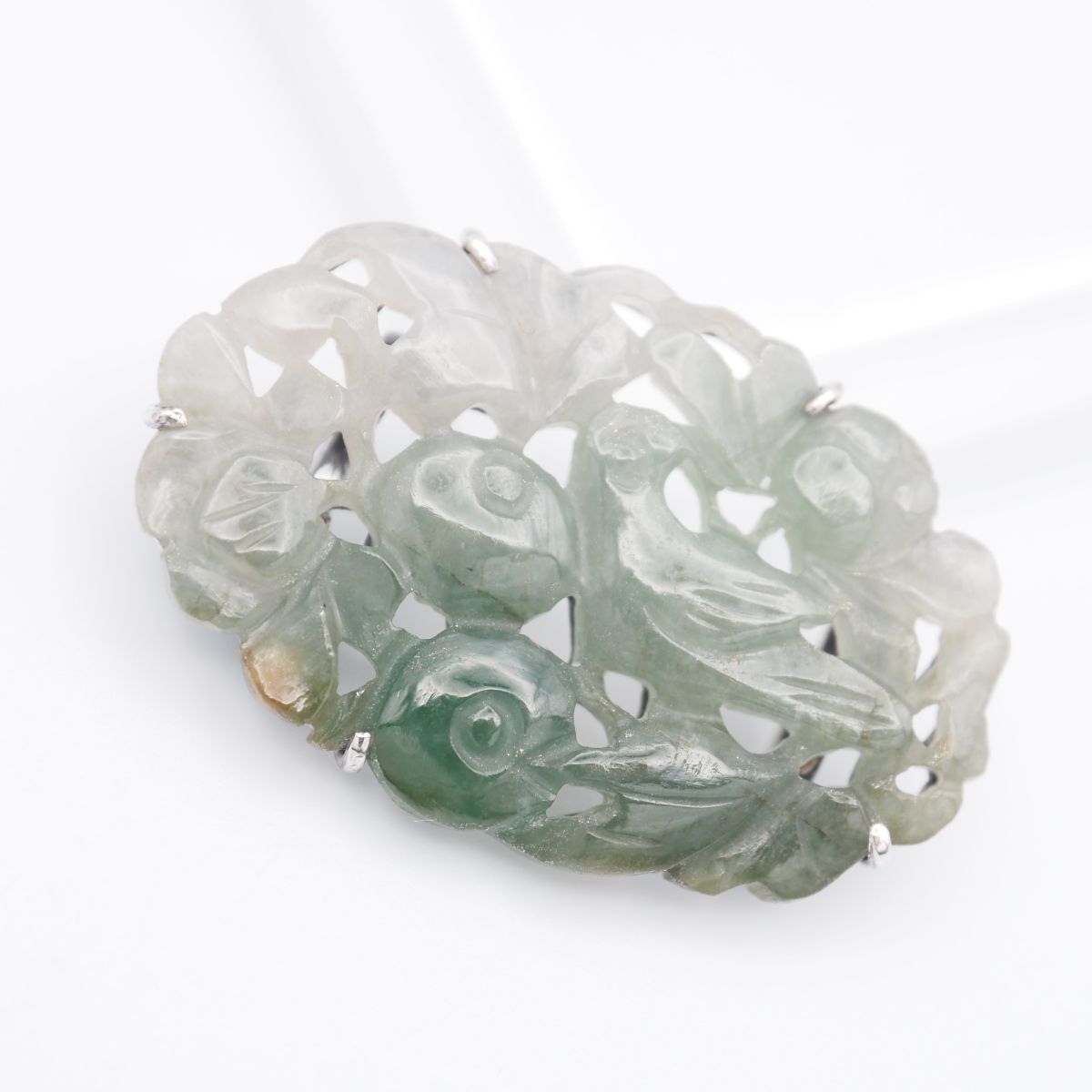 H573 天然石 帯留め デザイン 鳥 花 透かし彫り シルバー 和装小物 ヴィンテージ拍卖