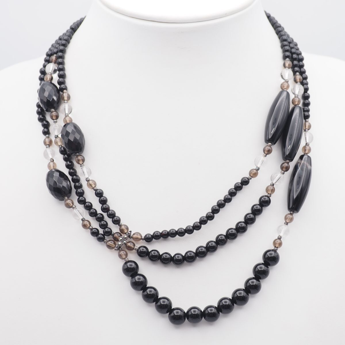 H474 オニキス 水晶 スモーキークォーツ 925刻印 ネックレス マーカサイト マルカジット 3連 デザイン シルバー拍卖