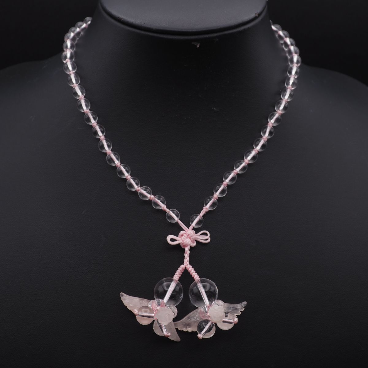 H534 水晶 ローズクォーツ ネックレス 天使の羽 花彫刻 紐 デザイン アンティーク拍卖