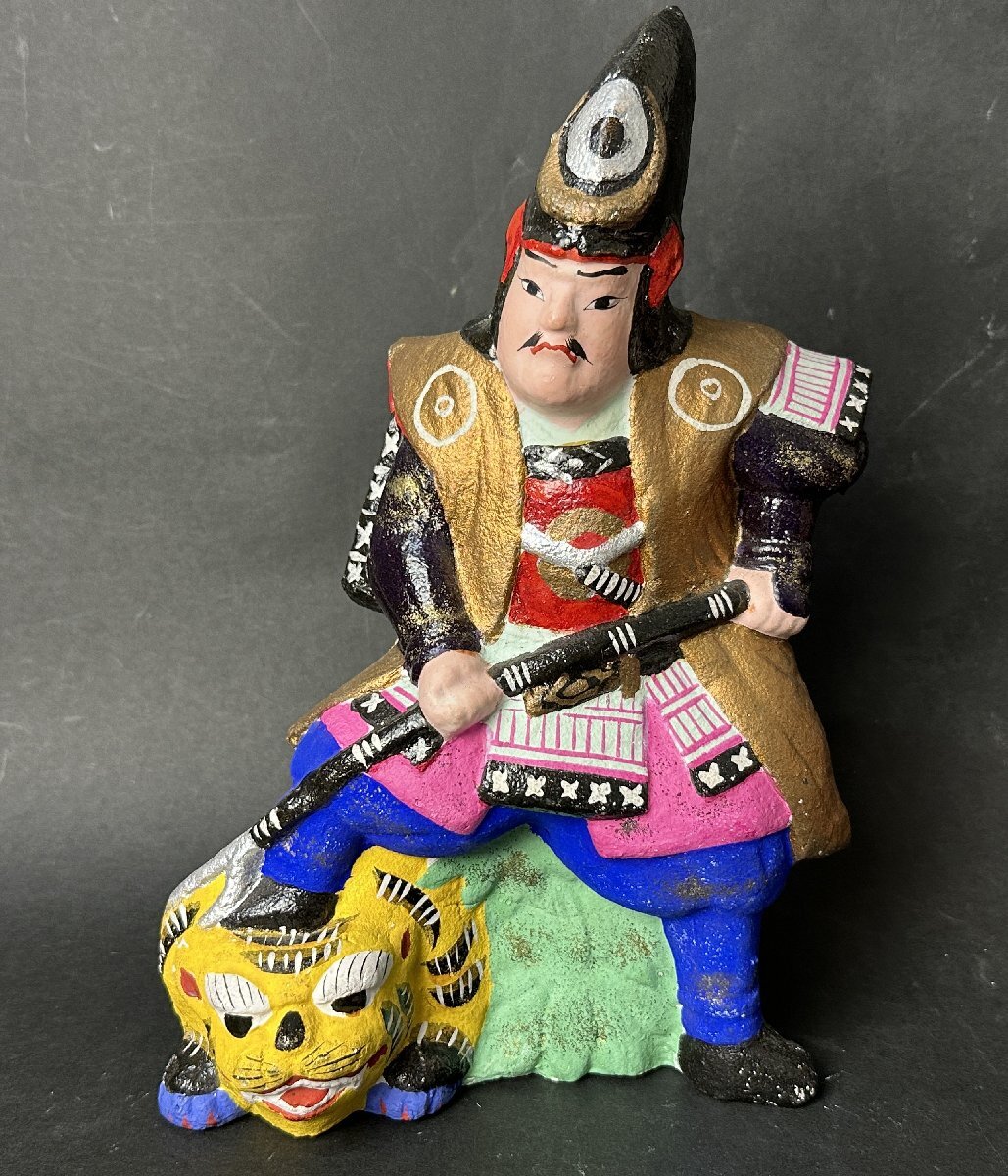 Y662 虎乗り加藤 土人形 鵜渡川原人形 時代物 加藤清正 郷土人形 骨董 当時物 民芸 伝統工芸品 武士 武将 アンティーク レトロ 現状品拍卖