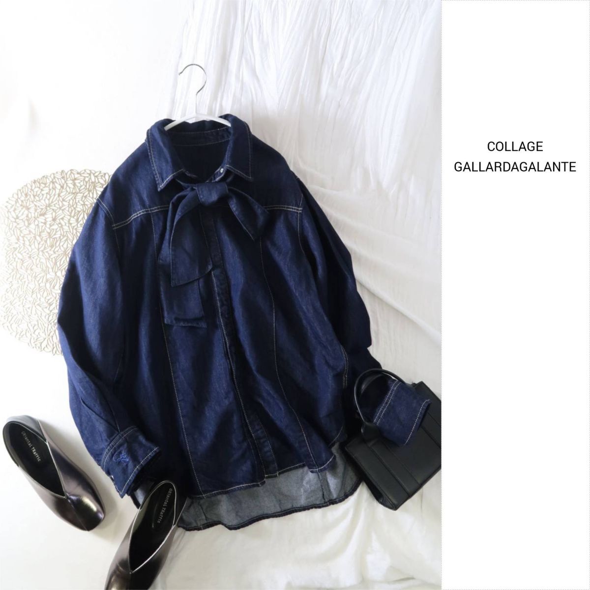 1.3万☆超美品☆2024AW☆ガリャルダガランテ GALLARDAGALANTE☆洗える Q.anos/ボウタイデニムシャツ Fサイズ☆A-O 5834拍卖
