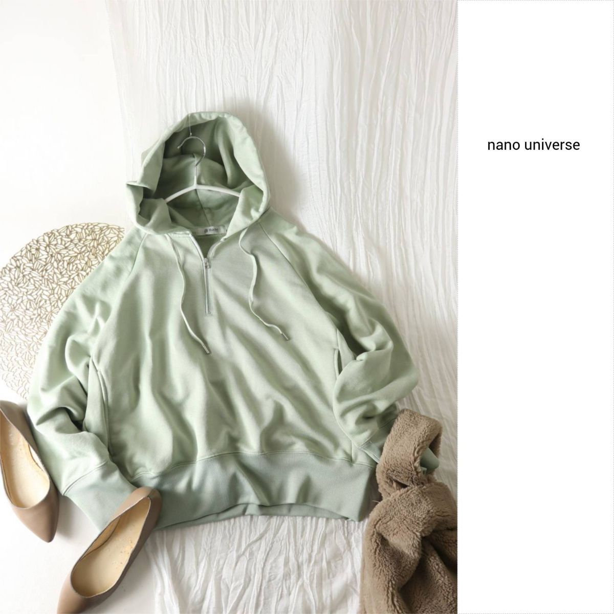 ナノ ユニバース nano universe☆洗える ブライト裏毛ハーフジップパーカー 36サイズ☆A-O 5878拍卖