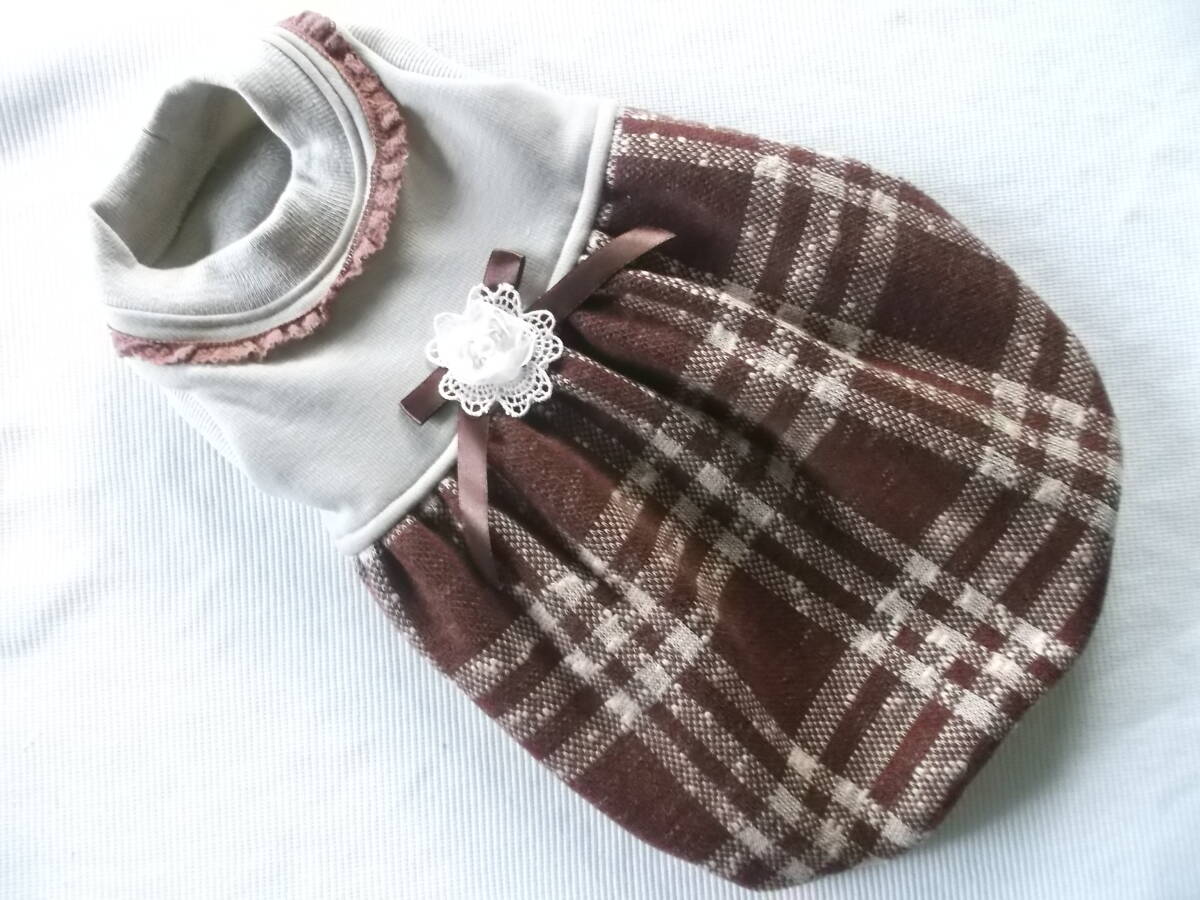 ★胴42cm★茶系チェックのバルーン風ワンピース拍卖