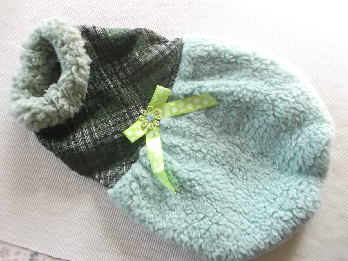 ★胴40cm★グリーン系チェックとボアのふんわりワンピース拍卖