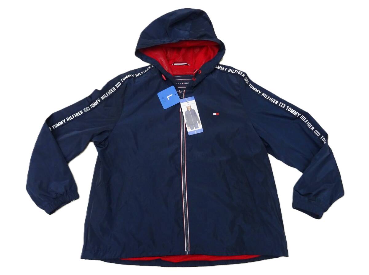 H-306 新品 TOMMY HILFIGER トミーヒルフィガー フード付ウィンドブレーカーアウター 裏メッシュ レディース ロゴテープ【L】ネイビー 薄手拍卖