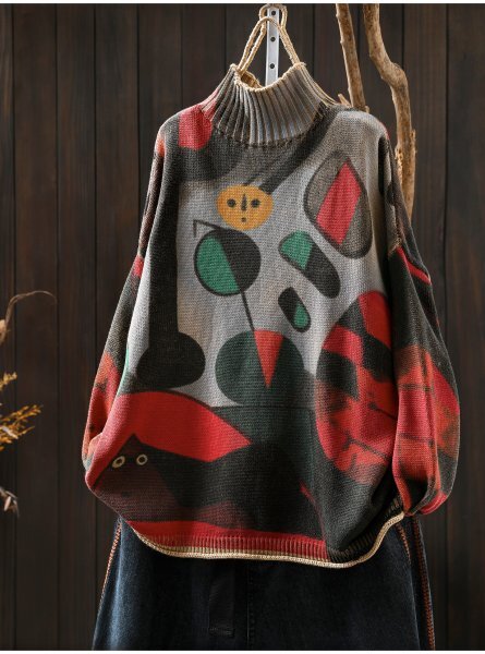 mn 2510 ニット セーター チュニック トップス ゆったり 綿100% ナチュラル ハーフネック プリント柄6拍卖