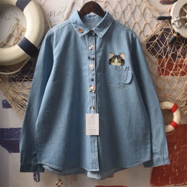 rm 2508 ブラウス フリーサイズ ワイシャツ チュニック トップス 綿100% 大人可愛 ナチュラル サラサラ 通気性肌触り抜群 刺花柄 デニム4拍卖