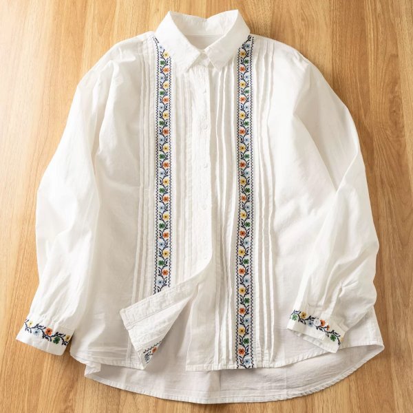 sg ワイシャツ トップス チュニック 大人可愛 フリーサイズ ナチュラル 刺花柄3 綿100%拍卖