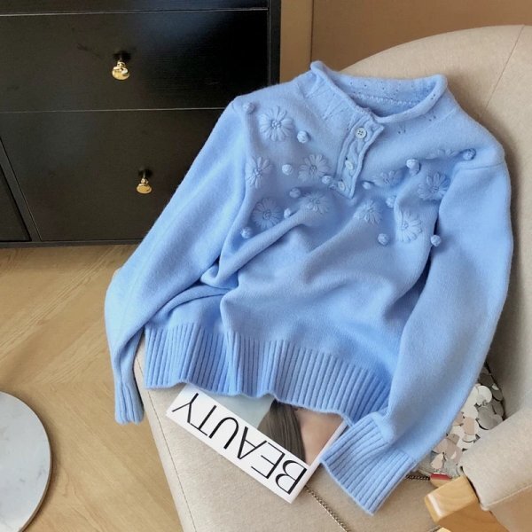 mgm 2510 ニット セーター 半開け チュニック オシャレ フリーサイズ 前開け 刺花柄 ブルー系拍卖