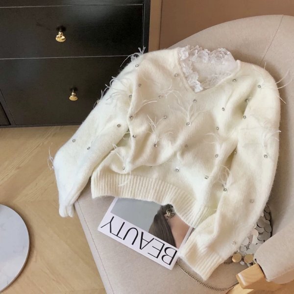 mgm 2510 ニット セーター Vネック レース チュニック オシャレ フリーサイズ ふわふわ1拍卖