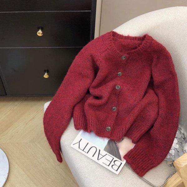 mgm 2510 ニット セーター カーディガン 羽織物 アウター チュニック オシャレ フリーサイズ 前開け シンプル レッド拍卖