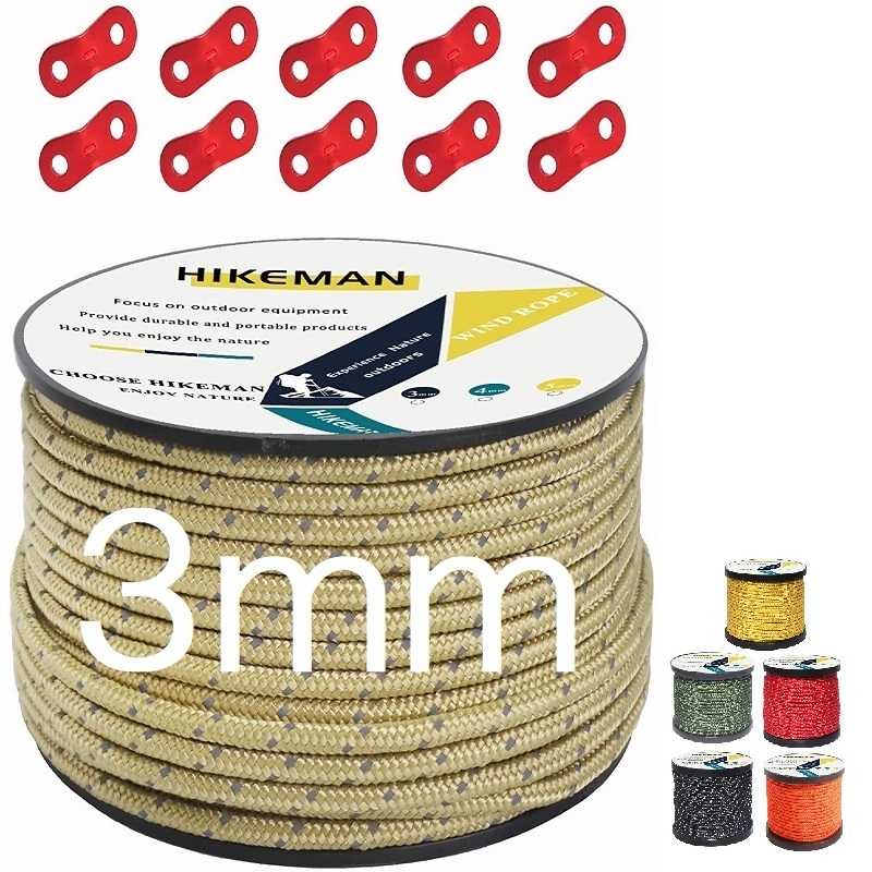 HIKEMAN テントロープ パラコード ガイロープ タープ用 反射材入り 耐荷重194kg キャンプ用品 パーツ 50m 3mm 103 5色から選択拍卖