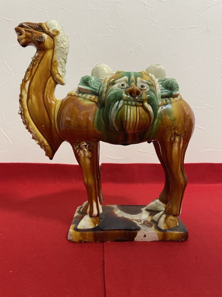 置物 唐三彩様式 ヴィンテージ陶器製 骨董 ラクダ 磁器 大サイズ 美品 【画像の敷物3色プレゼント】拍卖