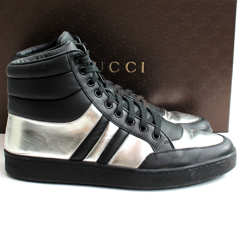 GUCCI グッチ☆ハイカットスニーカー 8G=27 シルバー イタリア製 ブラック イタリア製 368494 p i-1362拍卖
