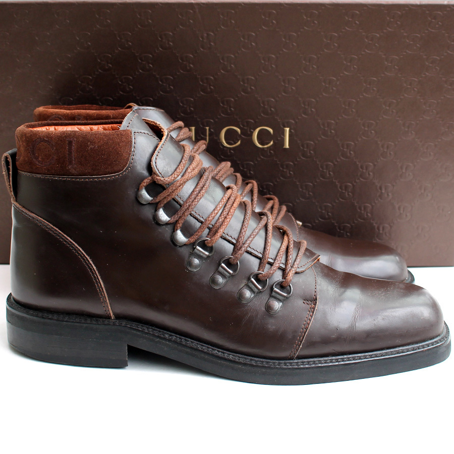 GUCCI グッチ☆レースアップブーツ 9.5B 104 0153 ブラウン イタリア製 レザーブーツ 細め p i-1633拍卖