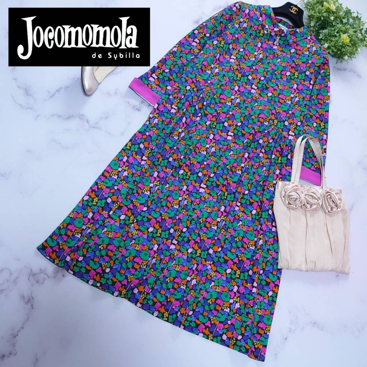 2025新作 Jocomomola ホコモモラ Rojo amapola フラワープリント 花柄 シャツワンピース ロング 長袖 ギャザー ブラック×ピンク 40 M相当拍卖