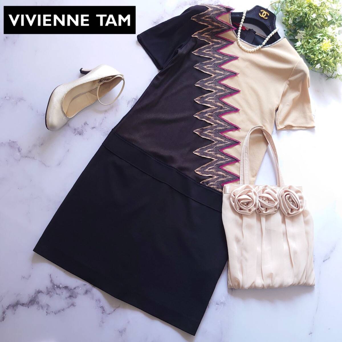 VIVIENNE TAM ヴィヴィアンタム パワーネット ワンピース 異素材切替 バイカラー クルーネック 半袖 ひざ丈 ベージュ×ブラック XS サイズ0拍卖