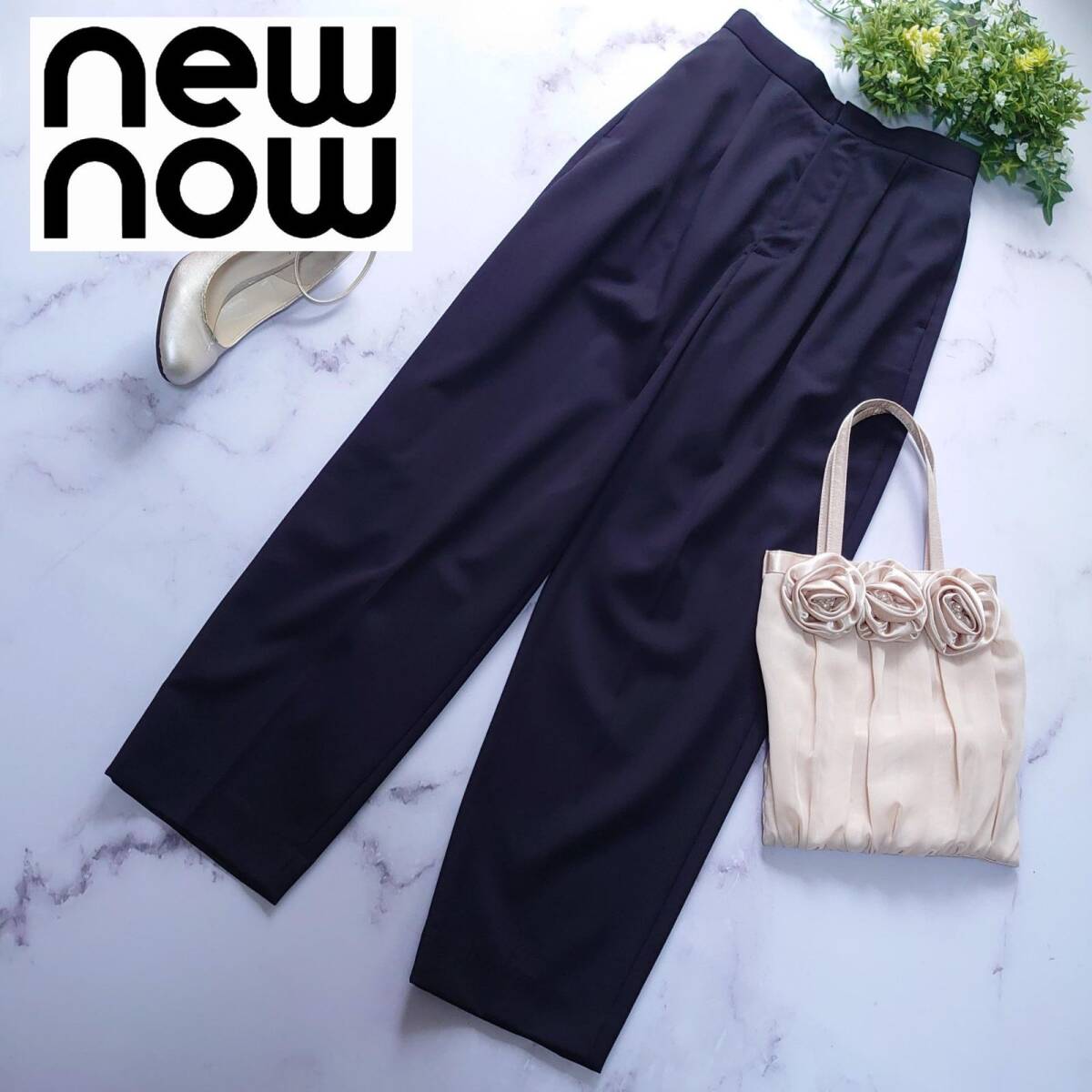定価5.9万 newnow ニューナウ ウールタックパンツ S テーパード ウール100% ネイビー 紺 ボトムス 長ズボン レディース拍卖