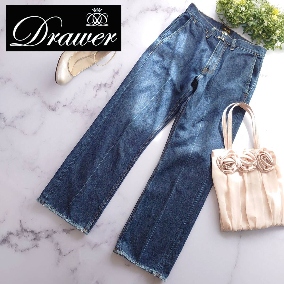 近年 定価4.6万 Drawer ドゥロワー コットンインディゴ 5Pデニムパンツ ロゴ刺繍 ブルー 青 フリンジ ウォッシュ加工 S相当 サイズ34拍卖