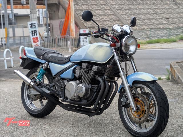 大阪堺発 カワサキ ZEPHYR550 ゼファー ZR550B 水色 社外 マフラー 4-2-1 リアサス 軽スロ X ホルダー ワイヤー Kawasaki 中古車拍卖