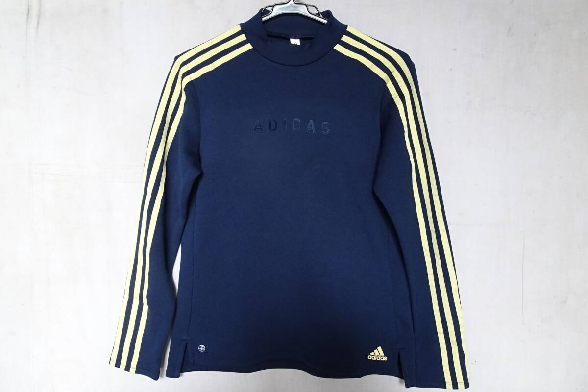adidas/アディダス/長袖プルオーバー/モックネック/パステルイエロー3本ラインテープ/裾サイドスリット/紺/ネイビー/XLサイズ(10/14R7)拍卖