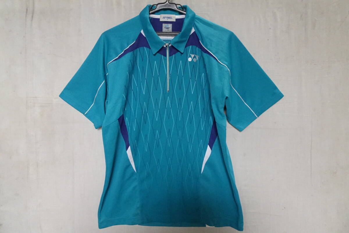 YONEX/ヨネックス/襟付半袖シャツ/ユニフォーム/Very Coolタグ/ハーフジップ/前身グラフィック柄/テニス/青緑/Mサイズ(10/31R7)拍卖