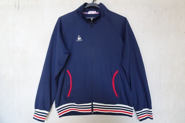 le coq sportif/ルコックスポルティフ/長袖トラックジャケット/ジャージ素材/前ジップアップ/白紺赤ラインリブ/ネイビー/Lサイズ(10/1R7)拍卖
