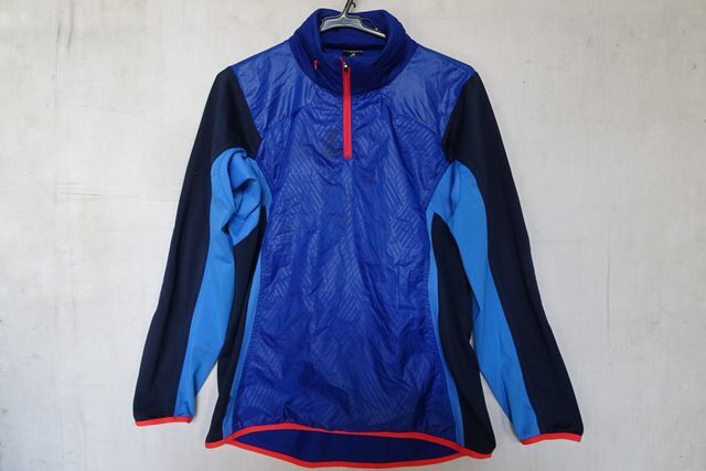 adidas/アディダス/長袖プルオーバー/ハーフジップ/前身ナイロン系素材/首ぐり簡易フード収納/スポーツ/青/ブルー/Lサイズ(10/7R7)拍卖