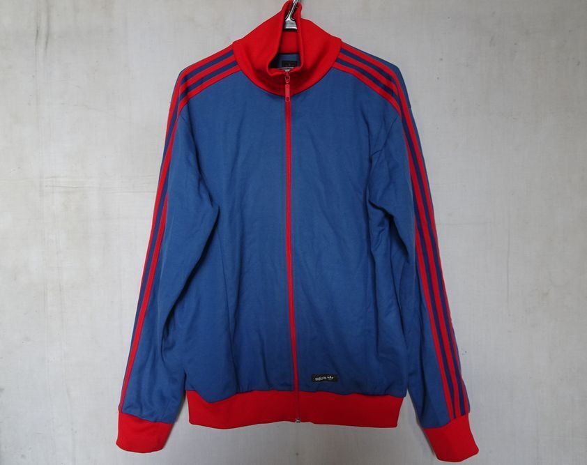 adidas/アディダス/長袖トラックジャケット/ジャージ素材/前ジップ/赤青ラインテープ生地切替/スポーツ/青/ブルー/4XOサイズ(10/28R7)拍卖
