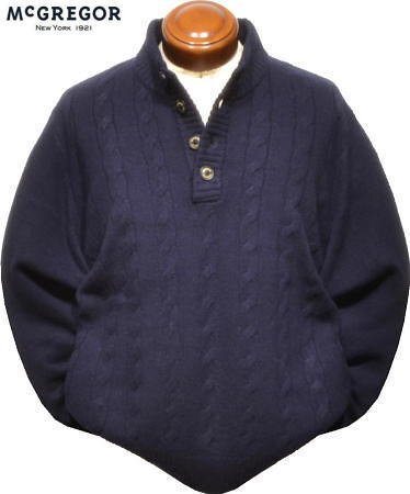 【ネイビー L】マクレガー セーター メンズ 111633801 ハミルトンラムウール使用 前身頃にケーブル織柄入り ハーフボタンセーター拍卖