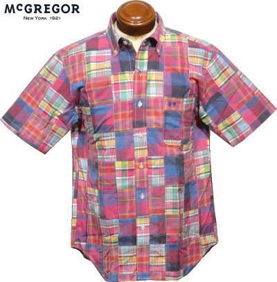 【レッド Mサイズ】 マクレガー ボタンダウン半袖シャツ メンズ 111163105 パッチワーク半袖シャツ拍卖