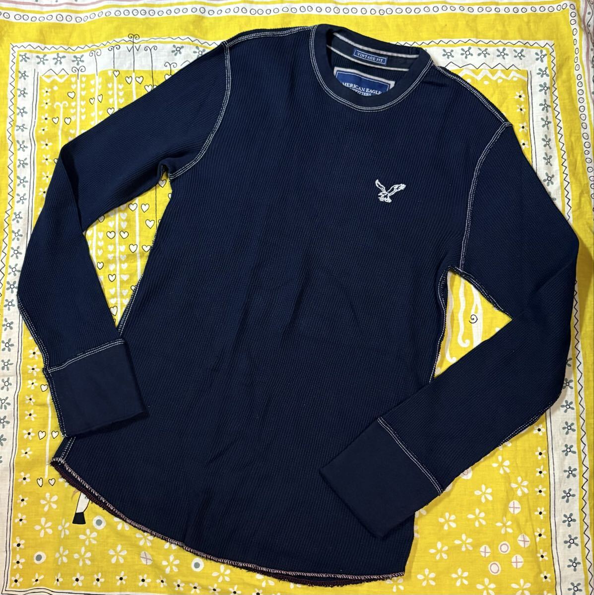 ◆美品◆AMERICAN EAGLE アメリカンイーグル メンズ ワンポイント刺繍 ワッフル ロンT ネイビー Sサイズ 長袖Tシャツ◆拍卖