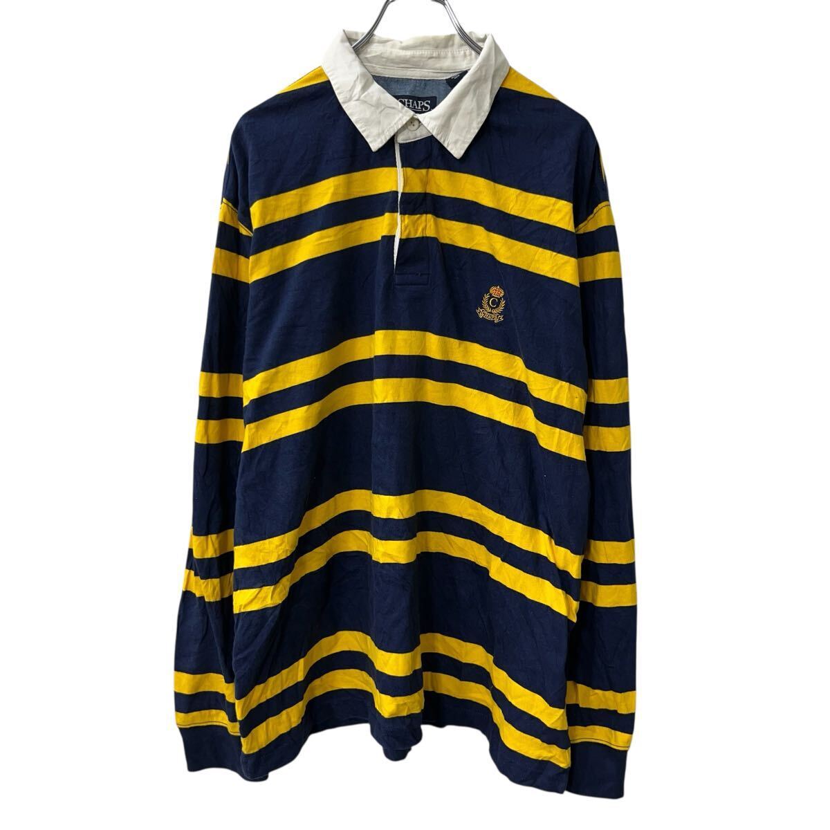 CHAPS 長袖 ボーダーポロシャツ 2XL ネイビー イエロー チャップス ビッグサイズ プルオーバー ラガーシャツ 秋物 a710-5083拍卖