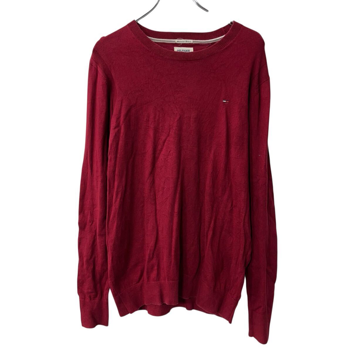 HILFIGER DENIM ニット セーター XL レッド ヒルフィガーデニム コットン混 プルオーバー ワンポイントロゴ シンプル 秋物 a710-5990拍卖