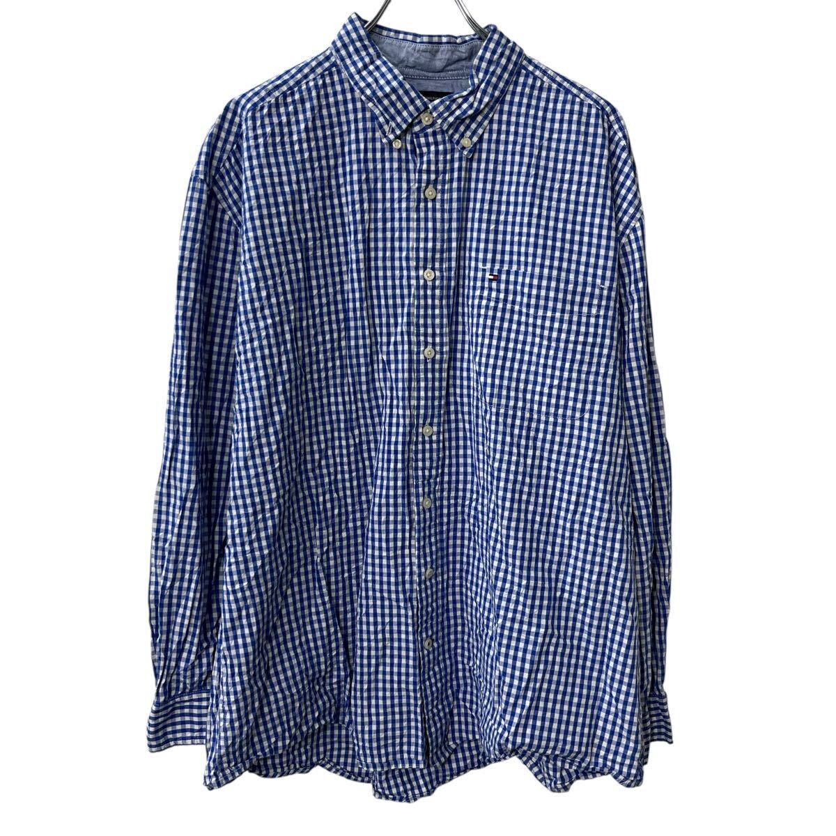 TOMMY HILFIGER 長袖 チェックシャツ 2XL ブルー ホワイト トミーヒルフィガー ボタンダウン 胸ポケット トップス 春物 a710-6261拍卖