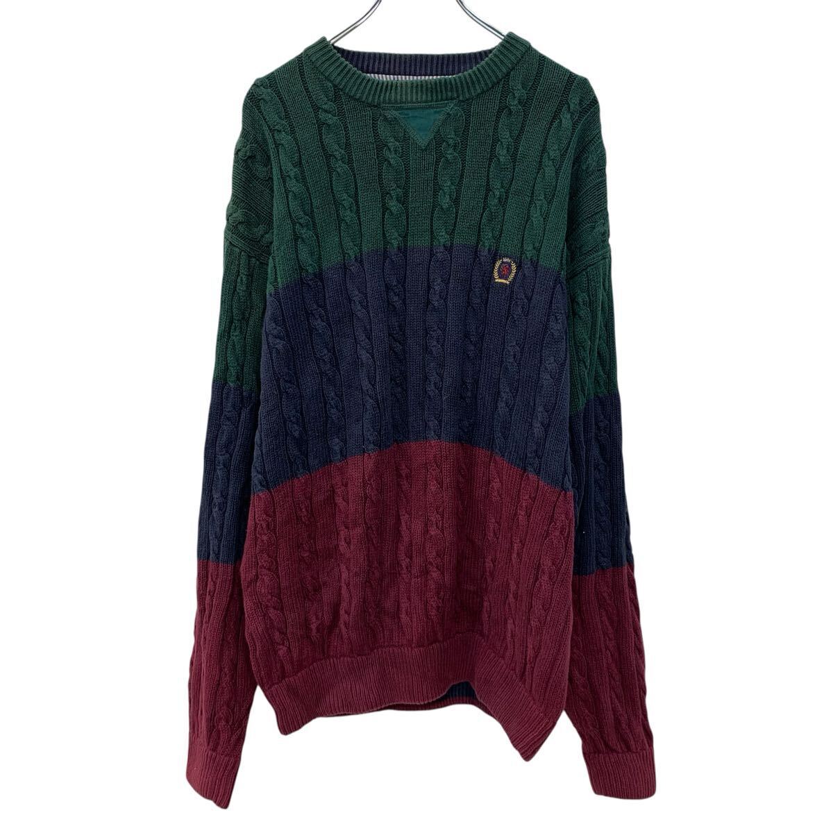 TOMMY HILFIGER コットンニット セーター XL グリーン マルチカラー トミーヒルフィガー コットン100% モックネック 秋物 a710-6589拍卖