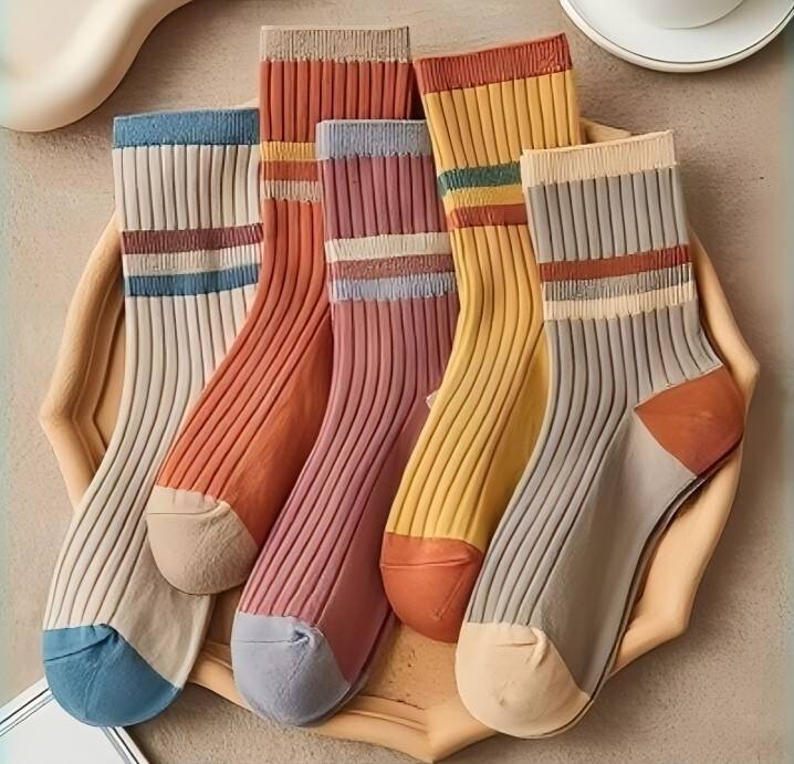 レディース 靴下 5足セット おしゃれ カラフル ボーダー柄 秋冬 春拍卖